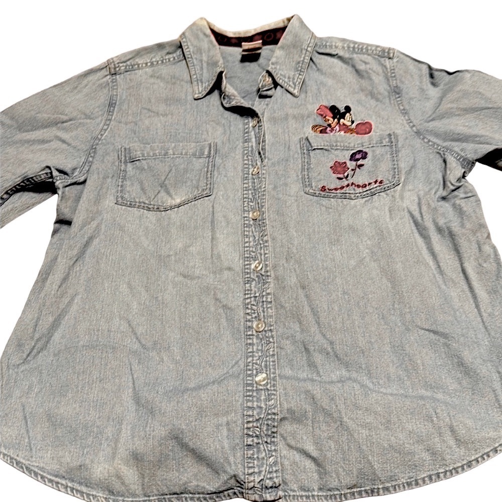 Vintage 90s Disney Denim Button Long Sleeve Shirt Mickey & Minnie Embroidery XL